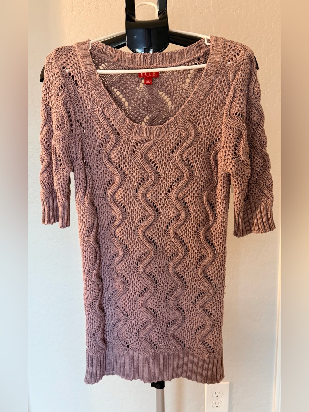 Elle Dusty Mauve V‑Neck Open Knit Sweater
